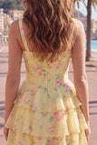 Corsé de gasa azul Vestido corto de bienvenida corto de fin de carrera floral en línea A