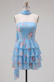 Vestido corto de bienvenida amarillo sin tirantes floral con volantes en forma de A, flor y volantes