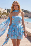 Vestido corto de bienvenida amarillo sin tirantes floral con volantes en forma de A, flor y volantes