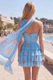 Vestido corto de bienvenida amarillo sin tirantes floral con volantes en forma de A, flor y volantes