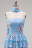 Vestido corto de bienvenida amarillo sin tirantes floral con volantes en forma de A, flor y volantes