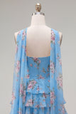 Vestido corto de bienvenida amarillo sin tirantes floral con volantes en forma de A, flor y volantes