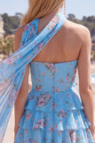 Vestido corto de bienvenida amarillo sin tirantes floral con volantes en forma de A, flor y volantes
