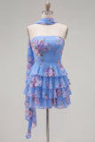 Vestido corto de bienvenida amarillo sin tirantes floral con volantes en forma de A, flor y volantes