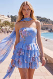 Vestido corto de bienvenida amarillo sin tirantes floral con volantes en forma de A, flor y volantes