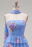 Vestido corto de bienvenida amarillo sin tirantes floral con volantes en forma de A, flor y volantes