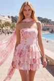 Vestido corto de bienvenida amarillo sin tirantes floral con volantes en forma de A, flor y volantes