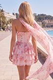 Vestido corto de bienvenida amarillo sin tirantes floral con volantes en forma de A, flor y volantes