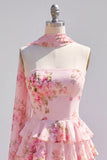 Vestido corto de bienvenida amarillo sin tirantes floral con volantes en forma de A, flor y volantes