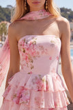 Vestido corto de bienvenida amarillo sin tirantes floral con volantes en forma de A, flor y volantes