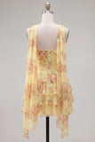 Vestido corto de bienvenida amarillo sin tirantes floral con volantes en forma de A, flor y volantes