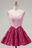 Corsé A-Line Pink Fucsia de 2 piezas con tirantes gruesos Vestido corto de bienvenida con volantes