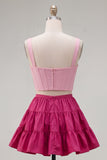 Corsé A-Line Pink Fucsia de 2 piezas con tirantes gruesos Vestido corto de bienvenida con volantes
