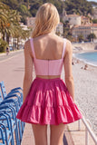 Corsé A-Line Pink Fucsia de 2 piezas con tirantes gruesos Vestido corto de bienvenida con volantes