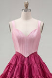 Corsé A-Line Pink Fucsia de 2 piezas con tirantes gruesos Vestido corto de bienvenida con volantes