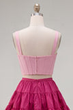 Corsé A-Line Pink Fucsia de 2 piezas con tirantes gruesos Vestido corto de bienvenida con volantes