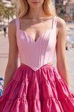 Corsé A-Line Pink Fucsia de 2 piezas con tirantes gruesos Vestido corto de bienvenida con volantes