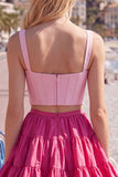 Corsé A-Line Pink Fucsia de 2 piezas con tirantes gruesos Vestido corto de bienvenida con volantes