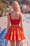 Corsé A-Line Pink Fucsia de 2 piezas con tirantes gruesos Vestido corto de bienvenida con volantes