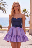 Vestido de bienvenida de satén azul marino con volantes y lazos de satén A-Line