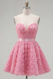 Vestido corto corto de bienvenida rosa A-line 3D floral de A-Line con encaje en la espalda