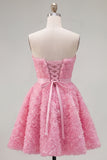 Vestido corto corto de bienvenida rosa A-line 3D floral de A-Line con encaje en la espalda