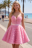 Vestido corto corto de bienvenida rosa A-line 3D floral de A-Line con encaje en la espalda