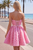 Vestido corto corto de bienvenida rosa A-line 3D floral de A-Line con encaje en la espalda