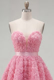 Vestido corto corto de bienvenida rosa A-line 3D floral de A-Line con encaje en la espalda