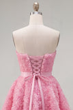 Vestido corto corto de bienvenida rosa A-line 3D floral de A-Line con encaje en la espalda