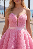 Vestido corto corto de bienvenida rosa A-line 3D floral de A-Line con encaje en la espalda