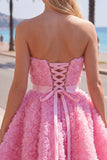 Vestido corto corto de bienvenida rosa A-line 3D floral de A-Line con encaje en la espalda