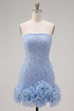 Vestido de bienvenida de perlas azules bodycon sin tirantes con flores 3D