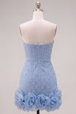 Vestido de bienvenida de perlas azules bodycon sin tirantes con flores 3D