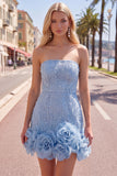 Vestido de bienvenida de perlas azules bodycon sin tirantes con flores 3D