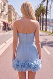 Vestido de bienvenida de perlas azules bodycon sin tirantes con flores 3D
