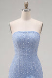 Vestido de bienvenida de perlas azules bodycon sin tirantes con flores 3D