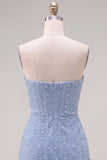 Vestido de bienvenida de perlas azules bodycon sin tirantes con flores 3D