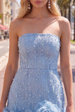Vestido de bienvenida de perlas azules bodycon sin tirantes con flores 3D
