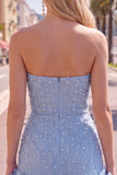 Vestido de bienvenida de perlas azules bodycon sin tirantes con flores 3D