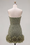 Vestido de bienvenida de perlas azules bodycon sin tirantes con flores 3D