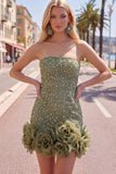 Vestido de bienvenida de perlas azules bodycon sin tirantes con flores 3D