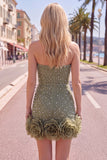 Vestido de bienvenida de perlas azules bodycon sin tirantes con flores 3D