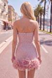 Vestido de bienvenida de perlas azules bodycon sin tirantes con flores 3D