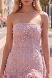 Vestido de bienvenida de perlas azules bodycon sin tirantes con flores 3D