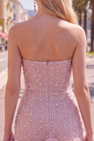 Vestido de bienvenida de perlas azules bodycon sin tirantes con flores 3D