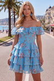 Vestido de bienvenida azul de línea A con escaleras y flores de fin de hombro y encaje en la espalda