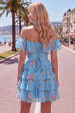Vestido de bienvenida azul de línea A con escaleras y flores de fin de hombro y encaje en la espalda