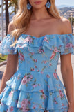 Vestido de bienvenida azul de línea A con escaleras y flores de fin de hombro y encaje en la espalda