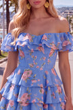 Vestido de bienvenida azul de línea A con escaleras y flores de fin de hombro y encaje en la espalda